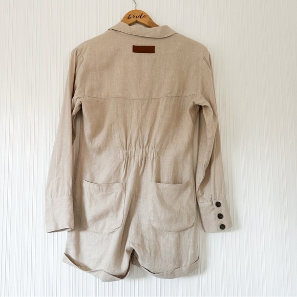 Rivet Utility Linen Romper/Oatmeal Line Beige/long sleeve/ Pocket Front - Picture 10 of 14